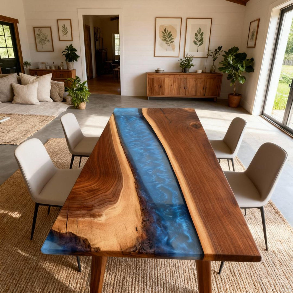 Table rivière sur mesure en résine époxy et noyer, bleu océan nuit RNV-672