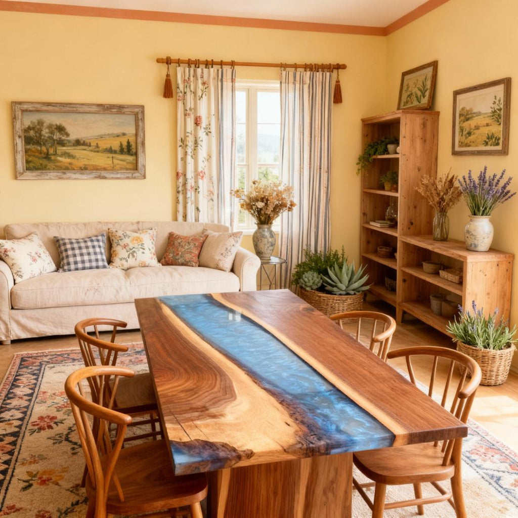 Table rivière sur mesure en résine époxy et noyer, bleu océan nuit RNV-672