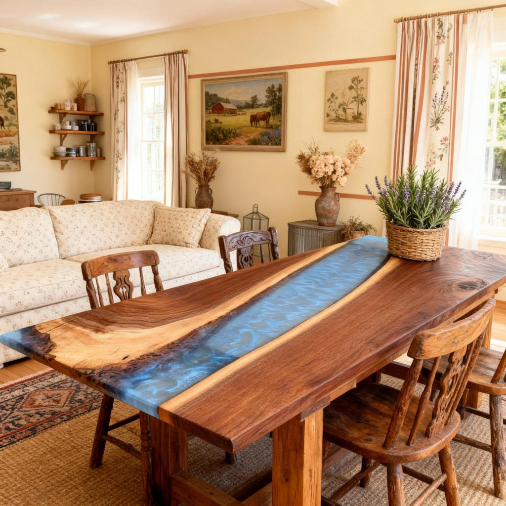 Table rivière sur mesure en résine époxy et noyer, bleu océan nuit RNV-672