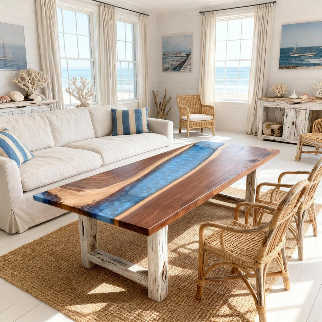 Table rivière sur mesure en résine époxy et noyer, bleu océan nuit RNV-672