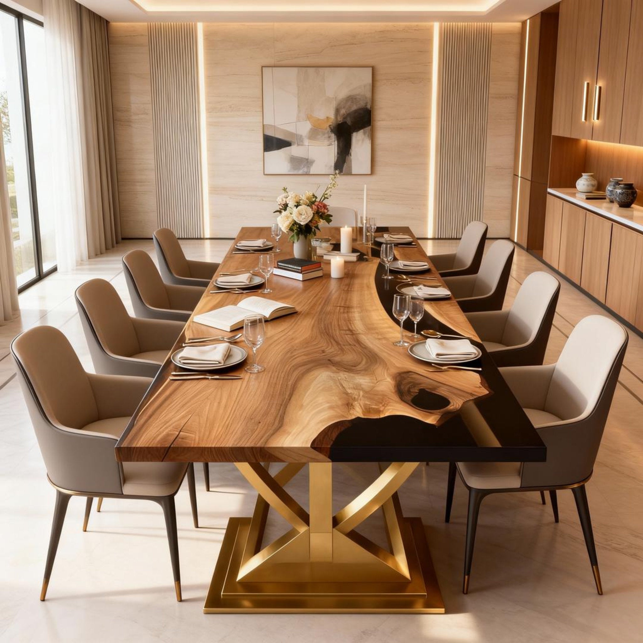 Table rivière personnalisée en résine époxy et noyer noir obsidien GPH-748