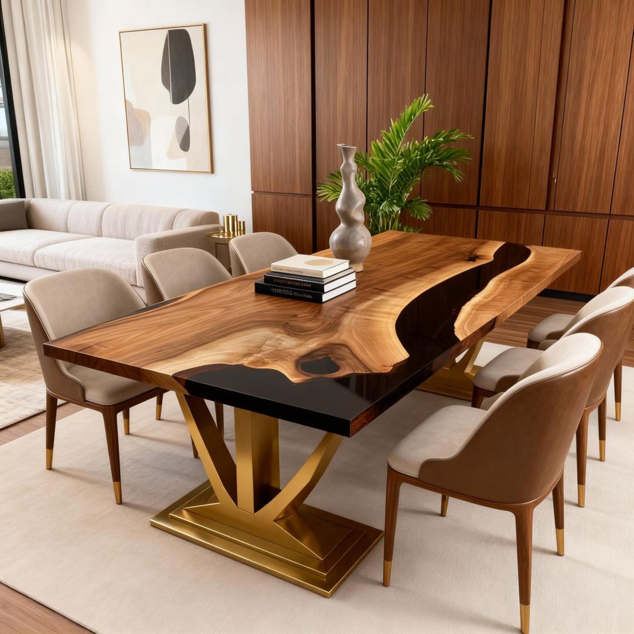 Table rivière personnalisée en résine époxy et noyer noir obsidien GPH-748