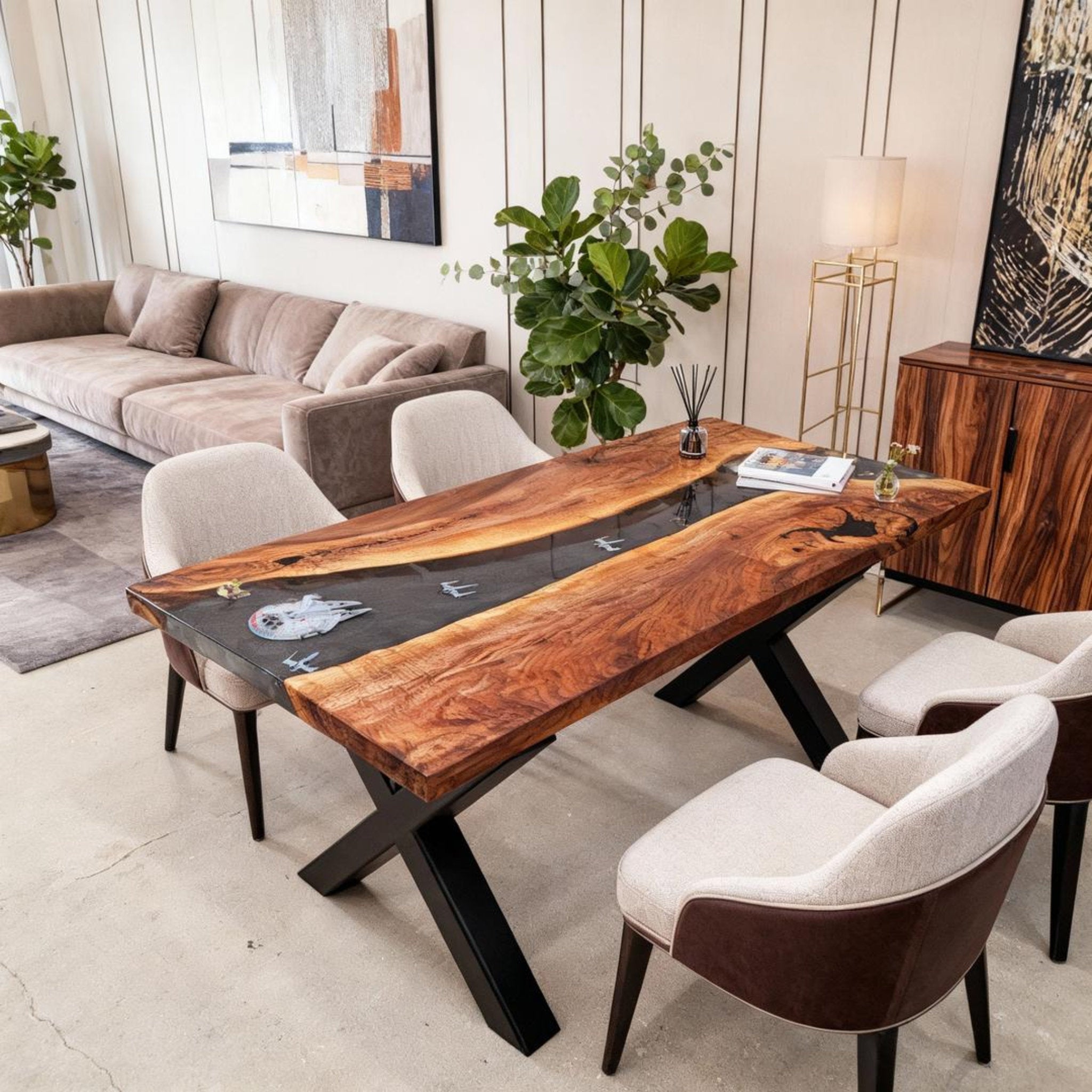 Table rivière personnalisée en résine époxy noyer noir obsidien LQF-627