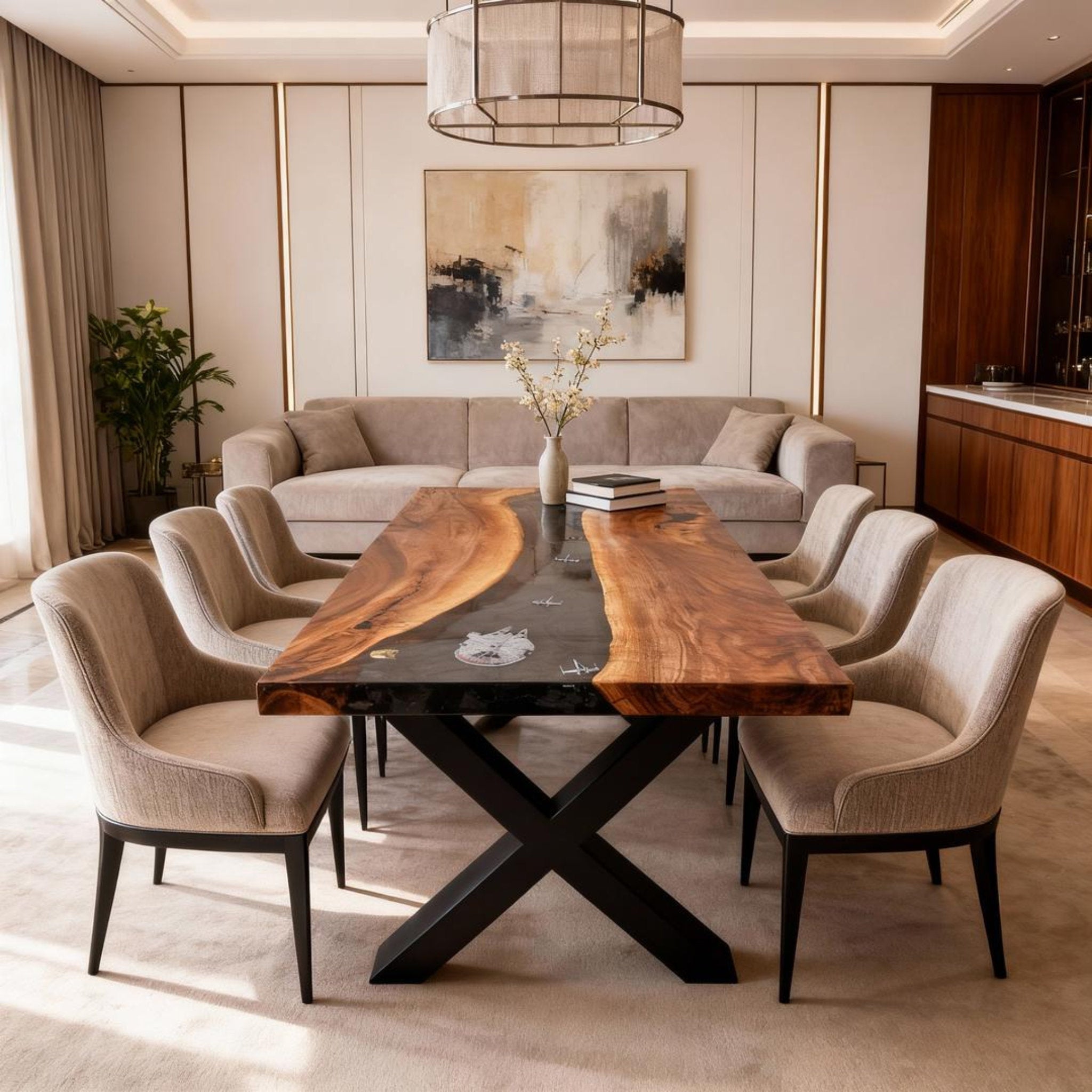 Table rivière personnalisée en résine époxy noyer noir obsidien LQF-627