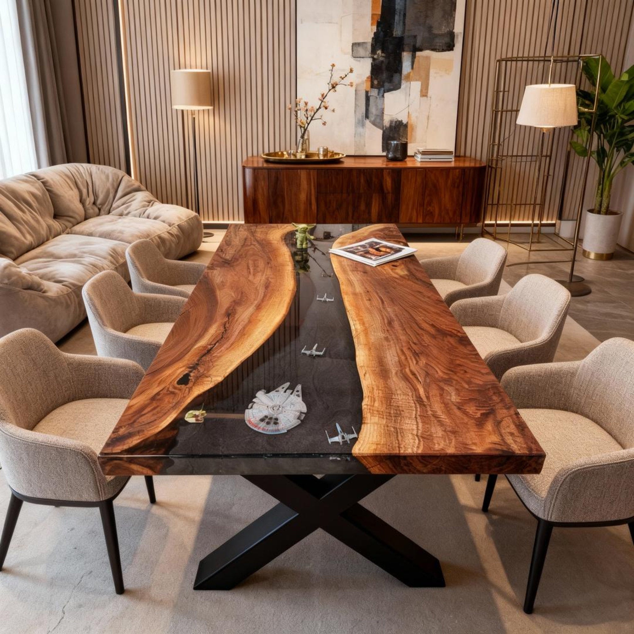 Table rivière personnalisée en résine époxy noyer noir obsidien LQF-627