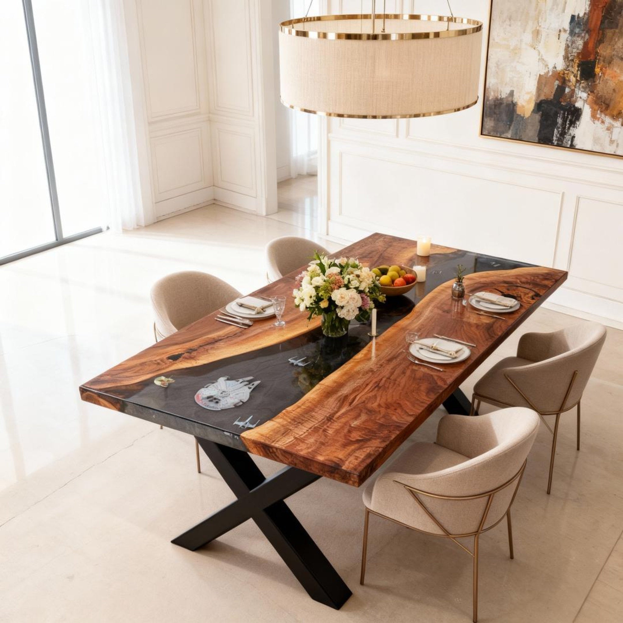 Table rivière personnalisée en résine époxy noyer noir obsidien LQF-627