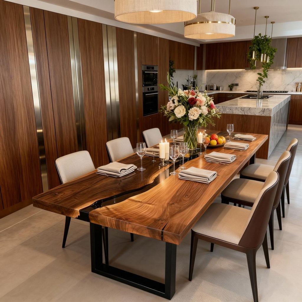 Custom Walnut Epoxy Resin River Table Obsidian Black VQH-729