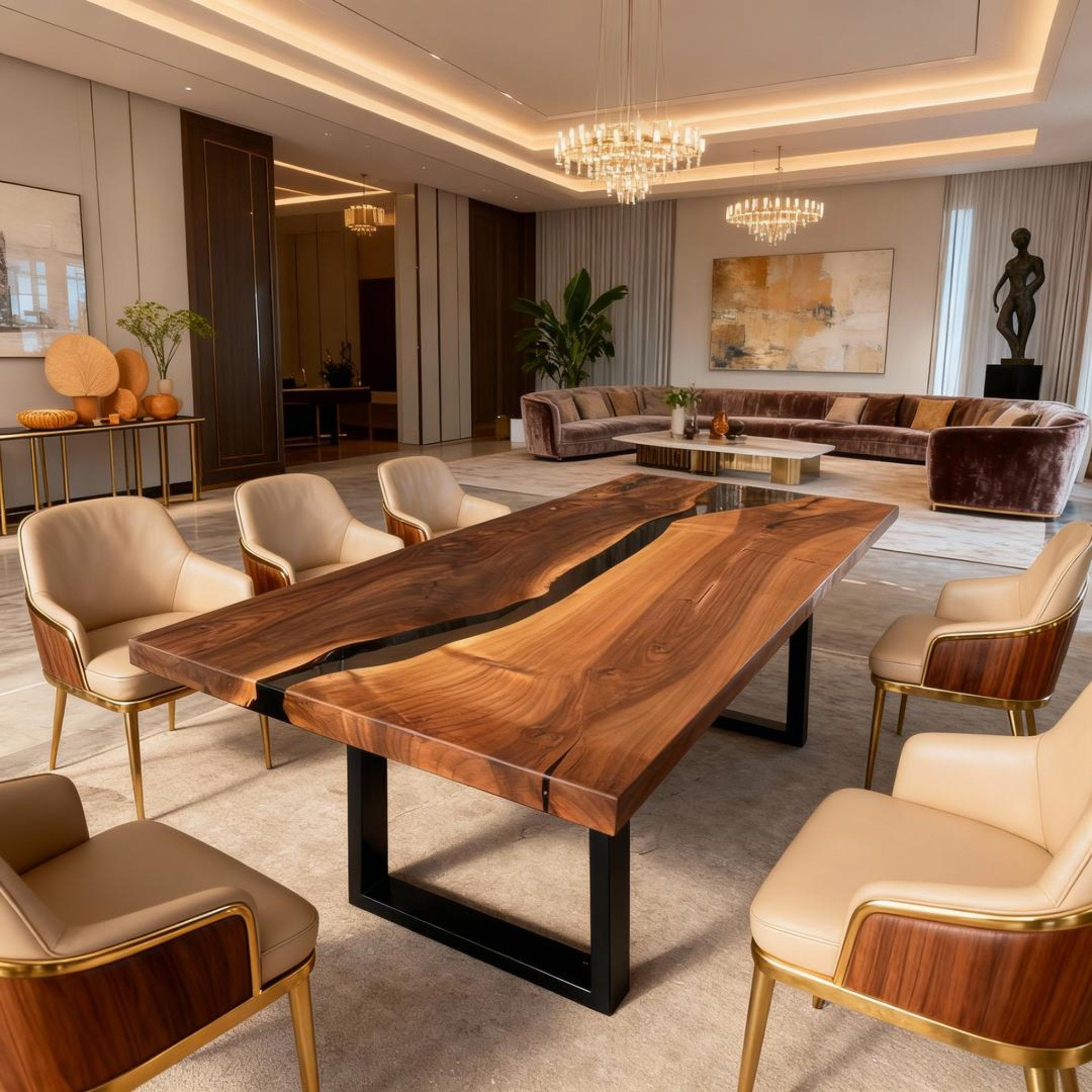 Table rivière personnalisée en résine époxy et noyer noir obsidien VQH-729