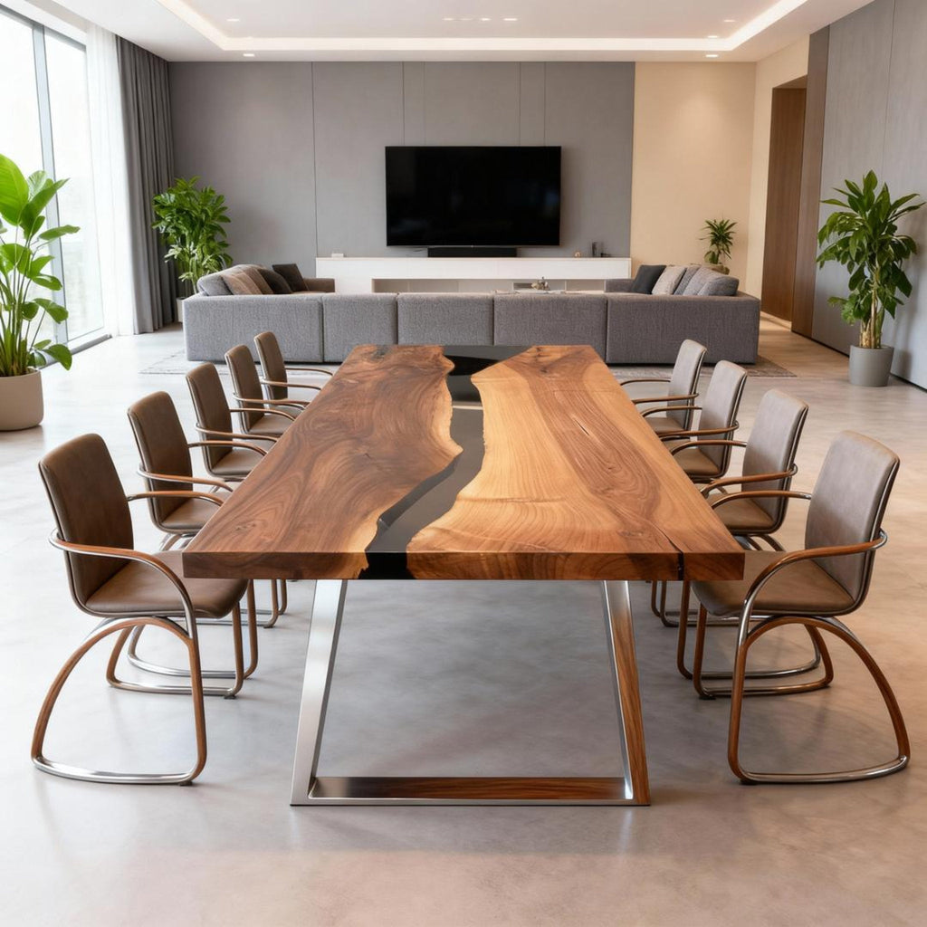 Custom Walnut Epoxy Resin River Table Obsidian Black VQH-729