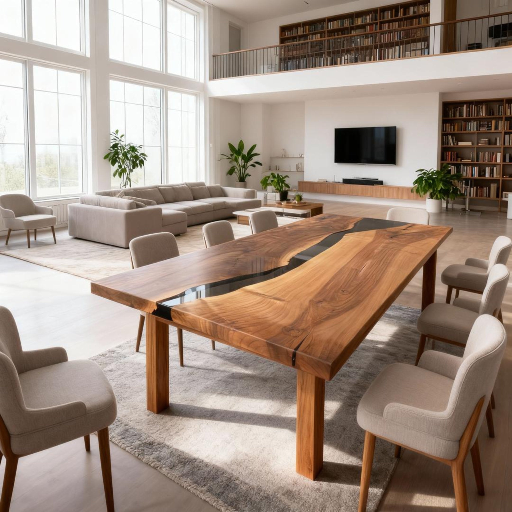 Custom Walnut Epoxy Resin River Table Obsidian Black VQH-729