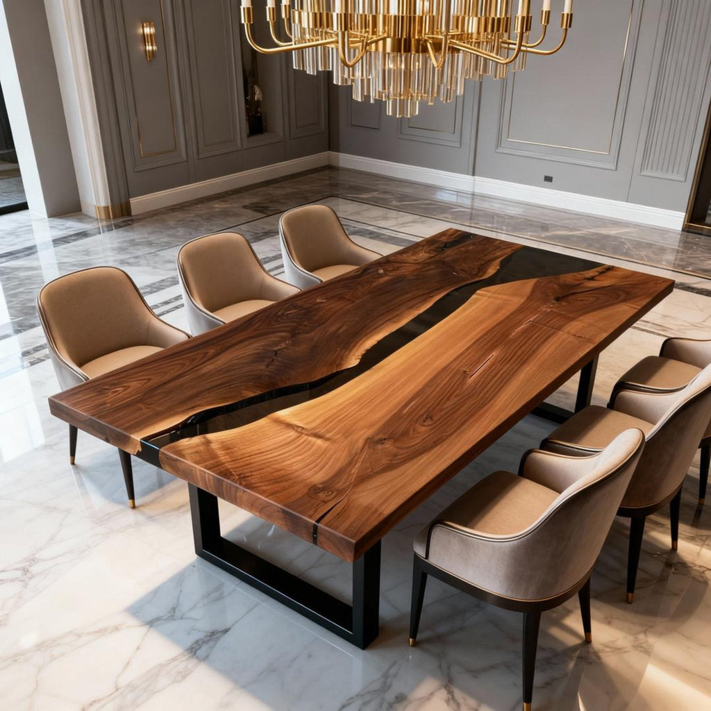 Custom Walnut Epoxy Resin River Table Obsidian Black VQH-729