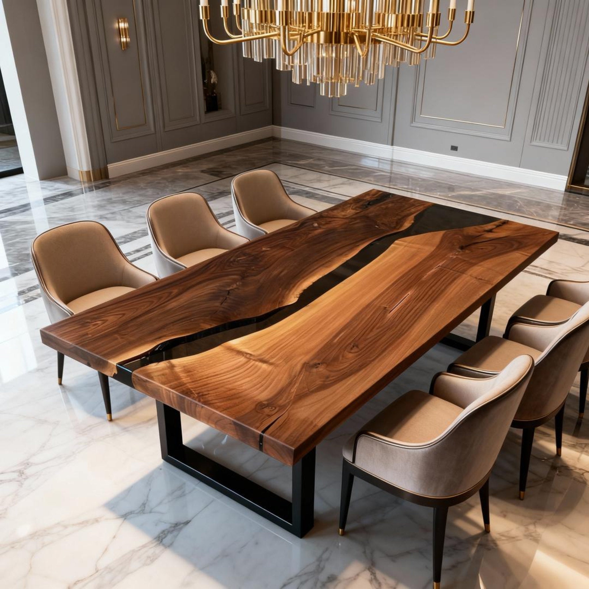 Custom Walnut Epoxy Resin River Table Obsidian Black VQH-729