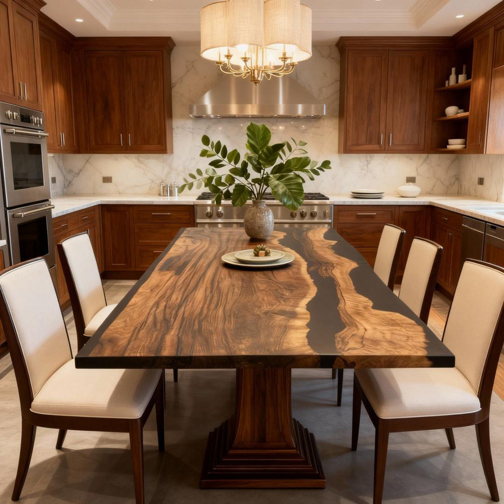 Custom Walnut Epoxy Resin River Table Obsidian Black ZMU-764