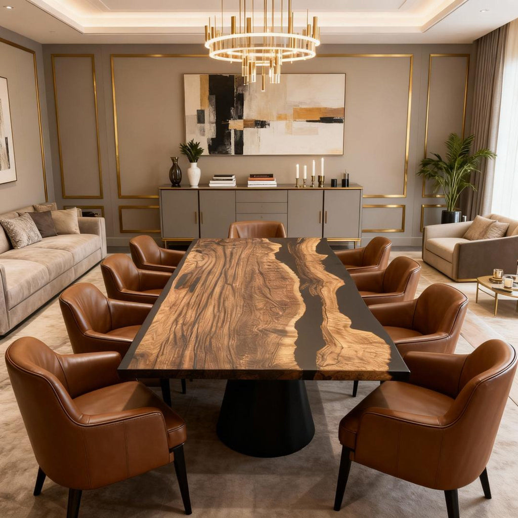 Custom Walnut Epoxy Resin River Table Obsidian Black ZMU-764