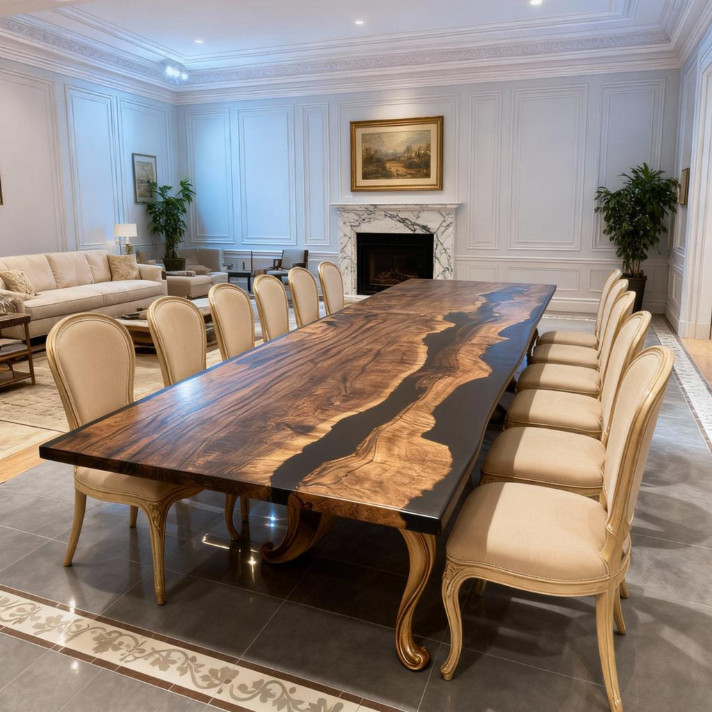 Custom Walnut Epoxy Resin River Table Obsidian Black ZMU-764