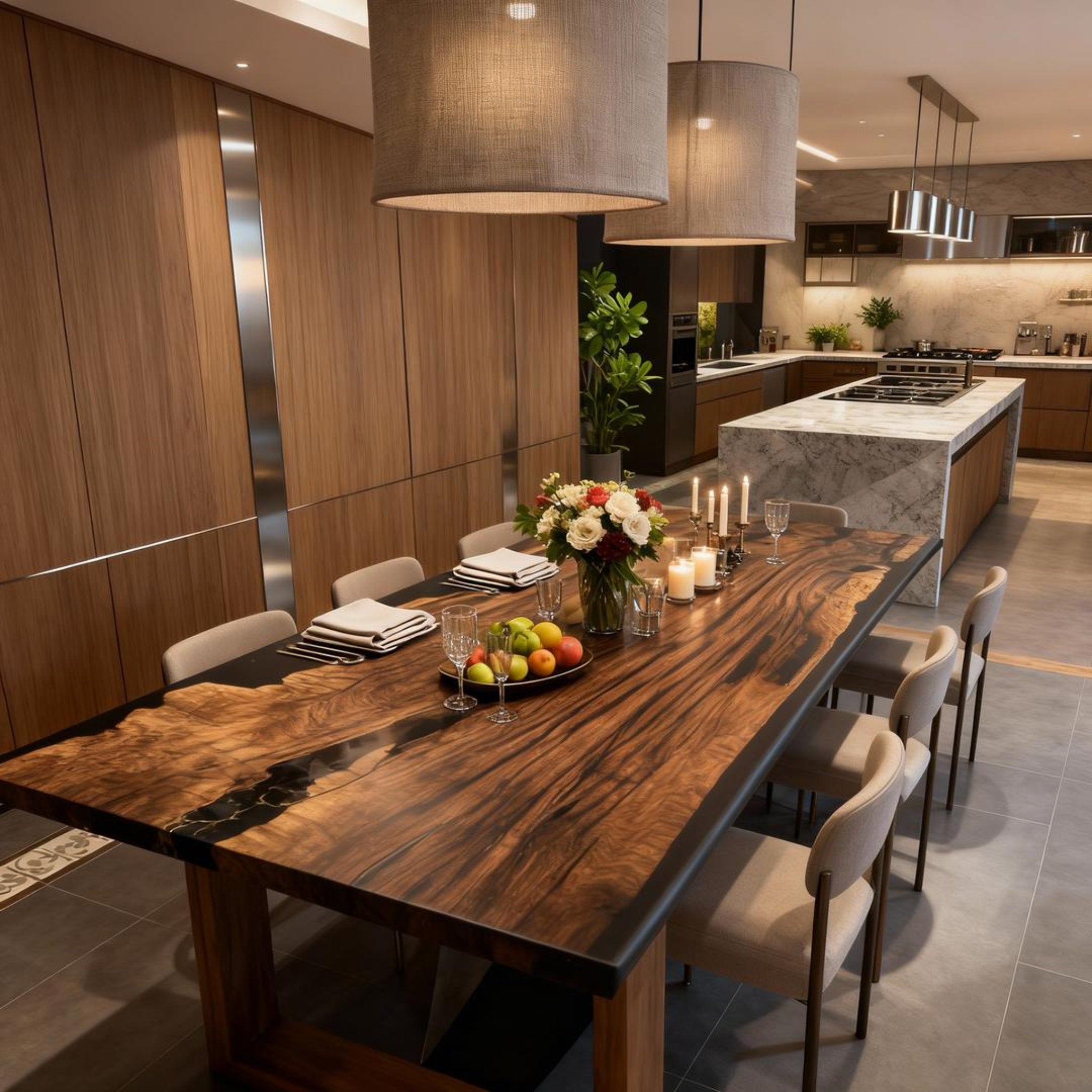 Custom Walnut Epoxy Resin River Table Obsidian Black ZMU-764