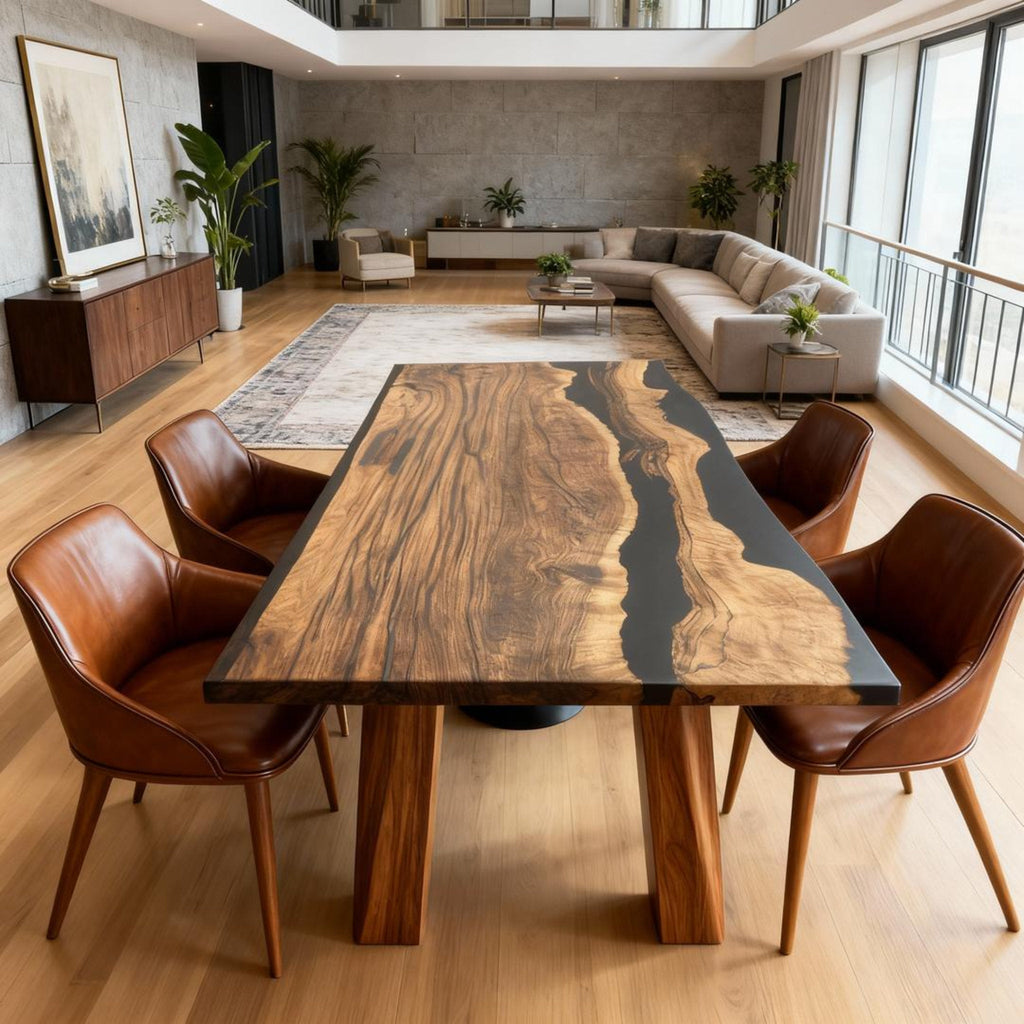 Custom Walnut Epoxy Resin River Table Obsidian Black ZMU-764