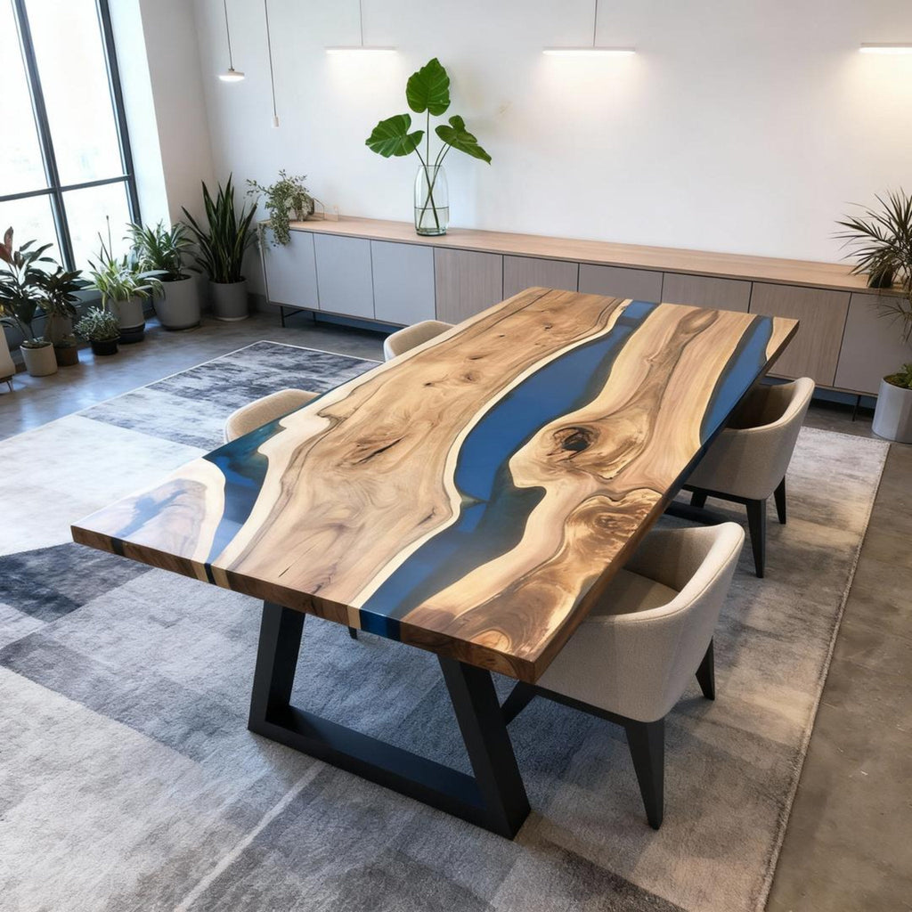 Custom Walnut Epoxy Resin River Table Ocean Blue VQJ-582