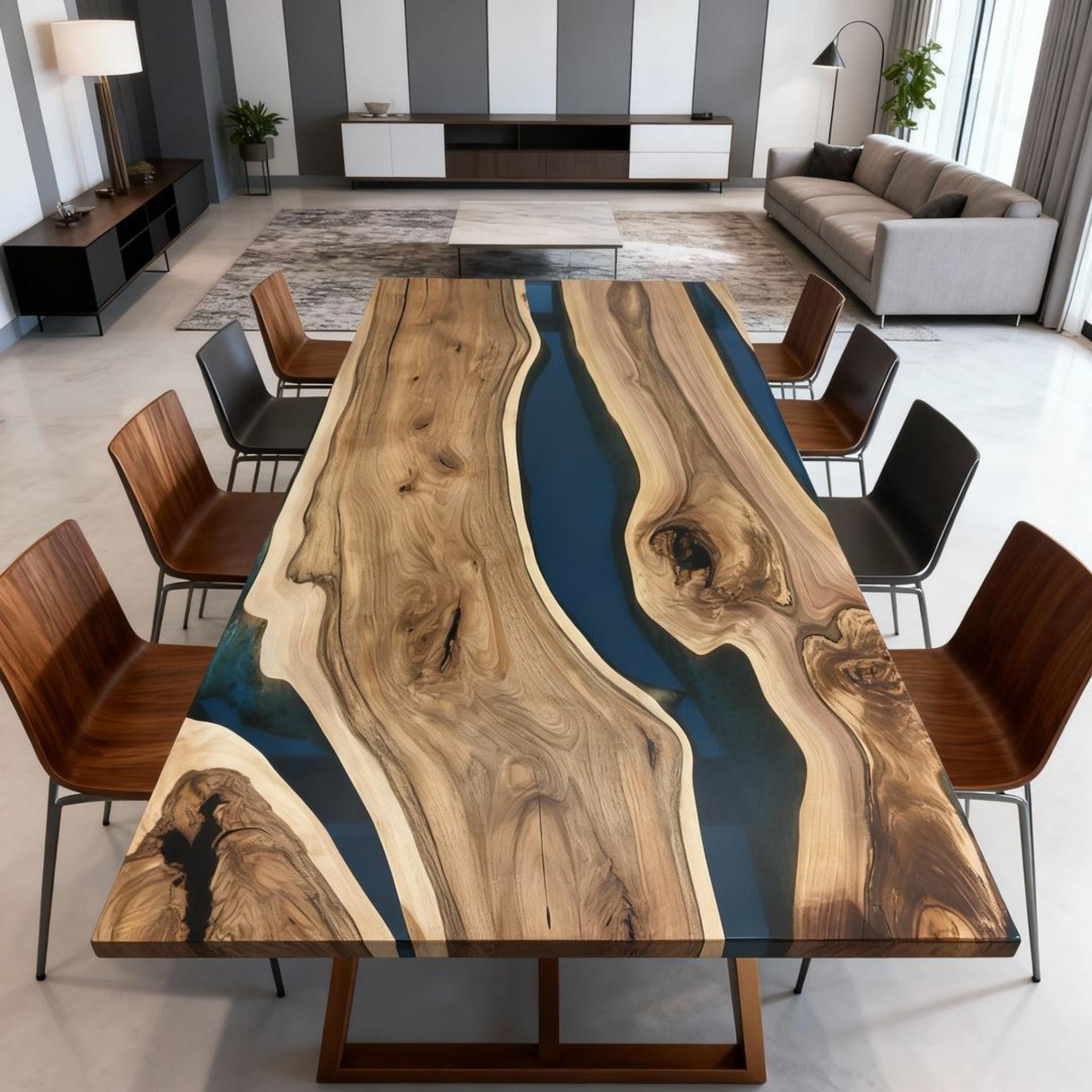 Table rivière personnalisée en résine époxy et noyer, bleu océan VQJ-582