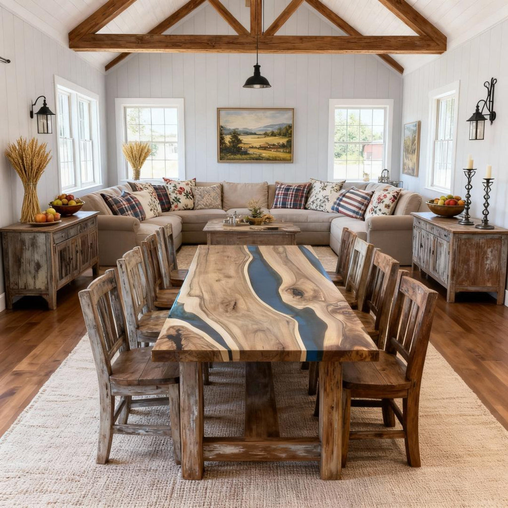 Custom Walnut Epoxy Resin River Table Ocean Blue VQJ-582