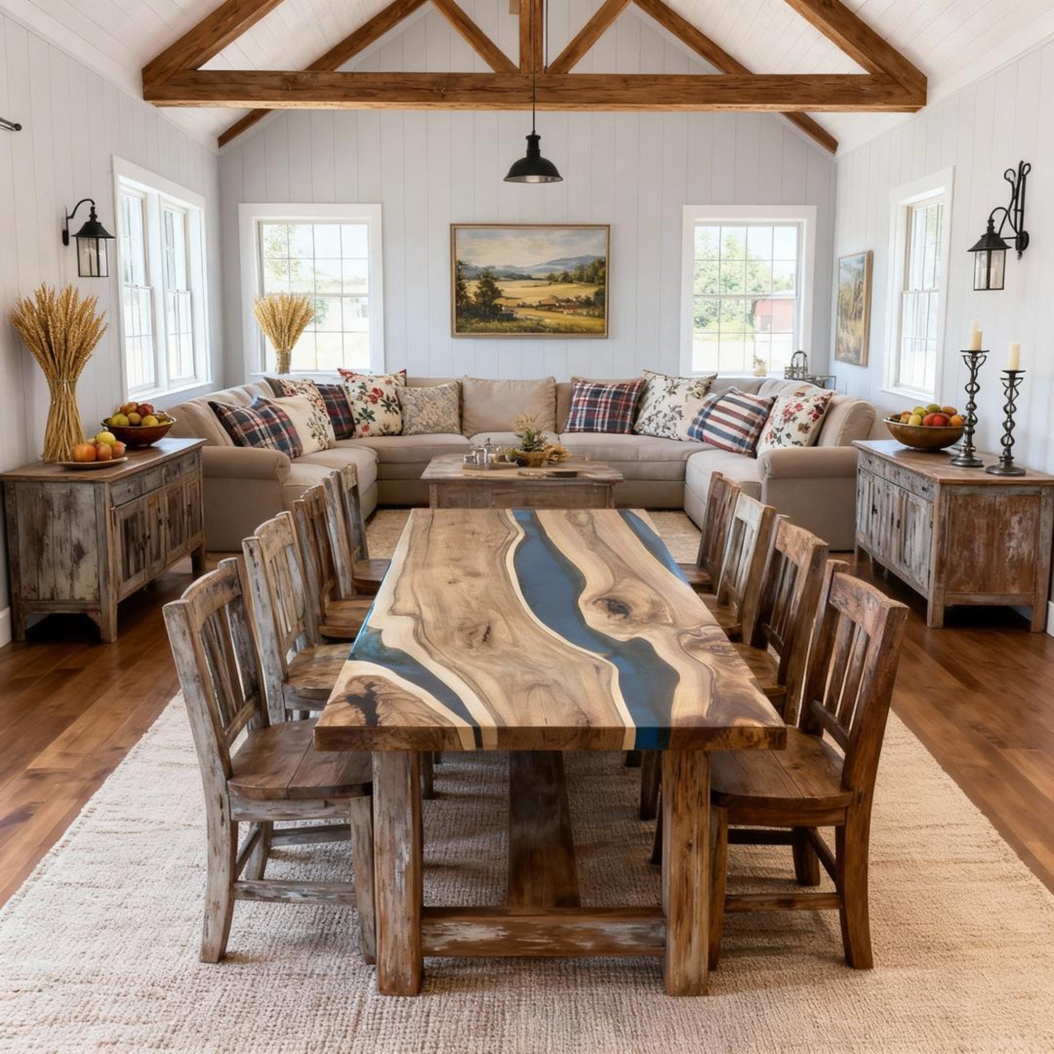 Table rivière personnalisée en résine époxy et noyer, bleu océan VQJ-582