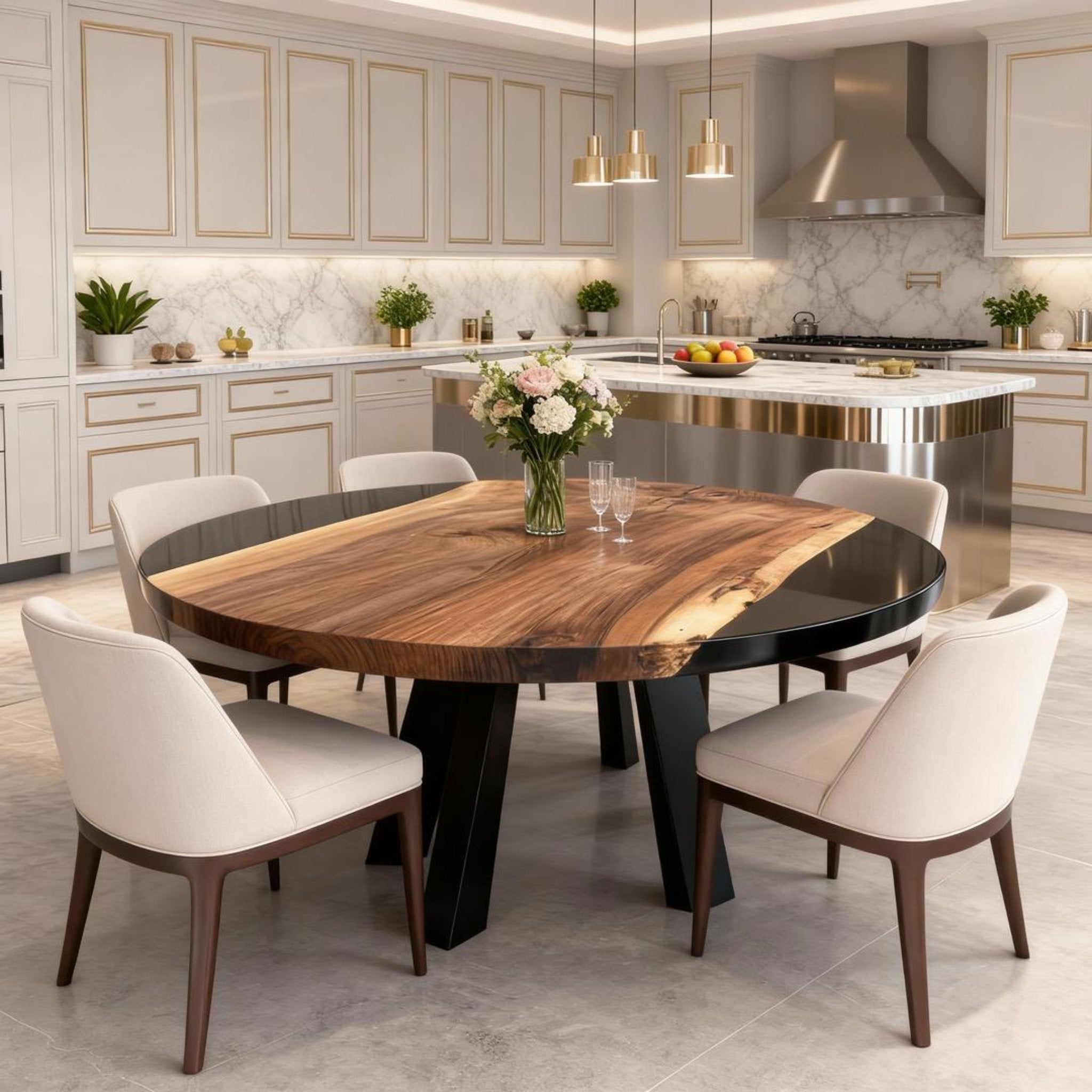 Table rivière personnalisée en résine époxy et noyer, noir onyx GVP-726