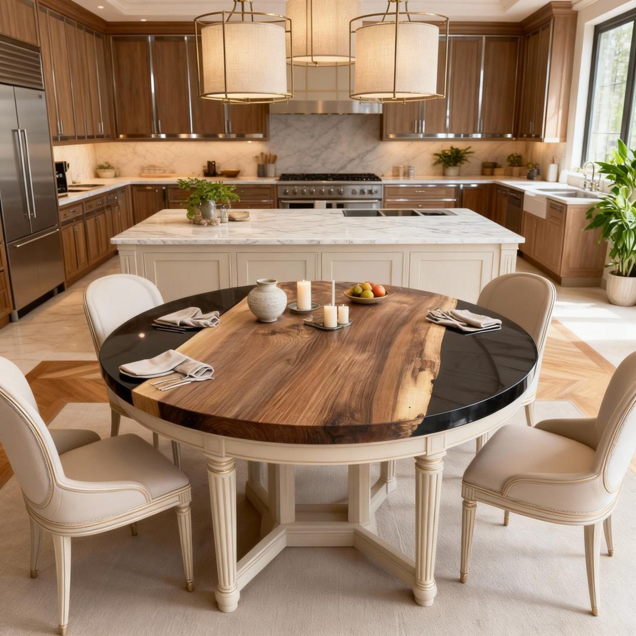 Table rivière personnalisée en résine époxy et noyer, noir onyx GVP-726