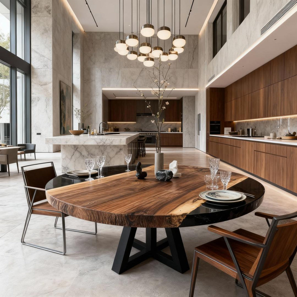 Table rivière personnalisée en résine époxy et noyer, noir onyx GVP-726