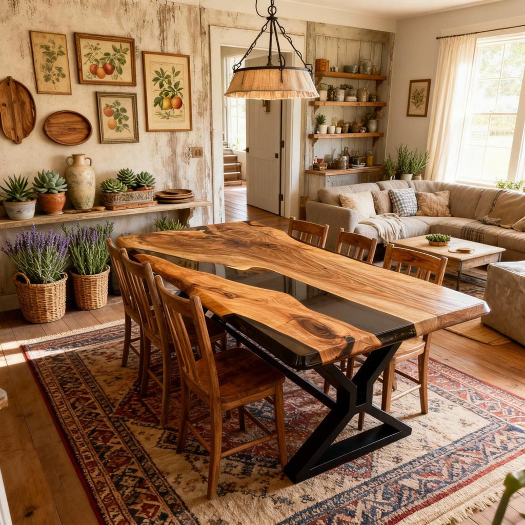 Custom Walnut Epoxy Resin River Table Onyx Black KLV-726