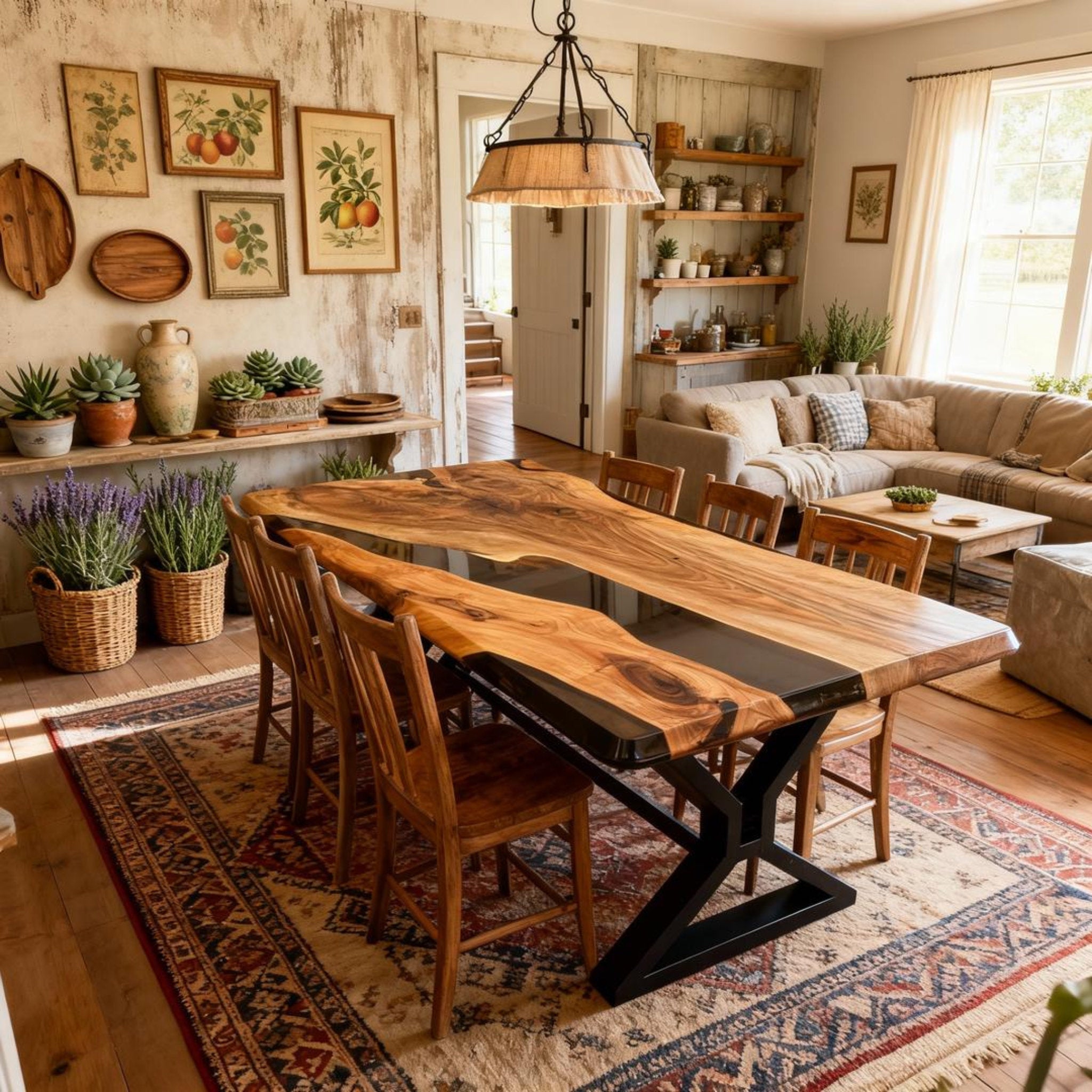 Table rivière sur mesure en résine époxy et noyer, noir onyx KLV-726