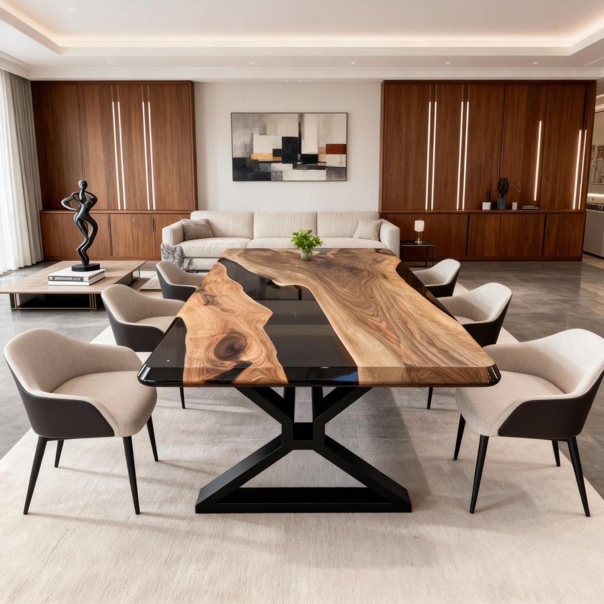 Table rivière sur mesure en résine époxy et noyer, noir onyx KLV-726