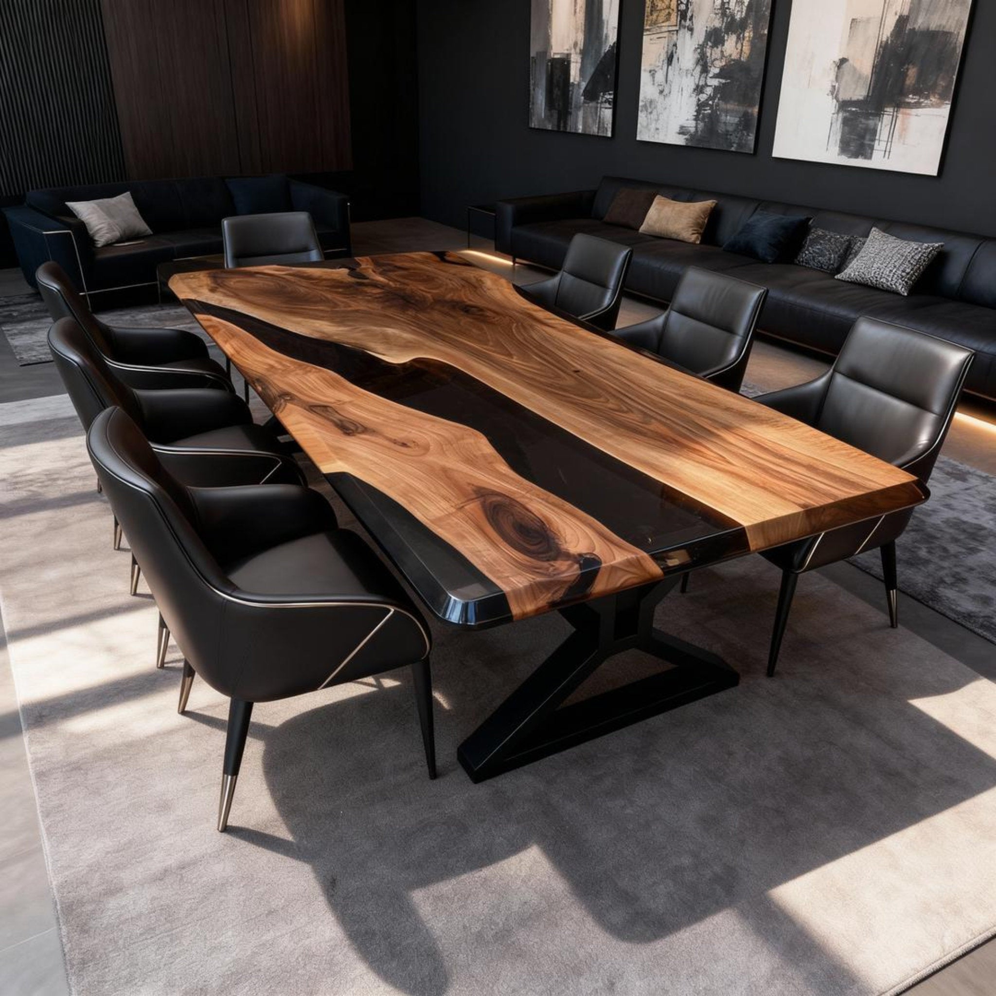 Table rivière sur mesure en résine époxy et noyer, noir onyx KLV-726