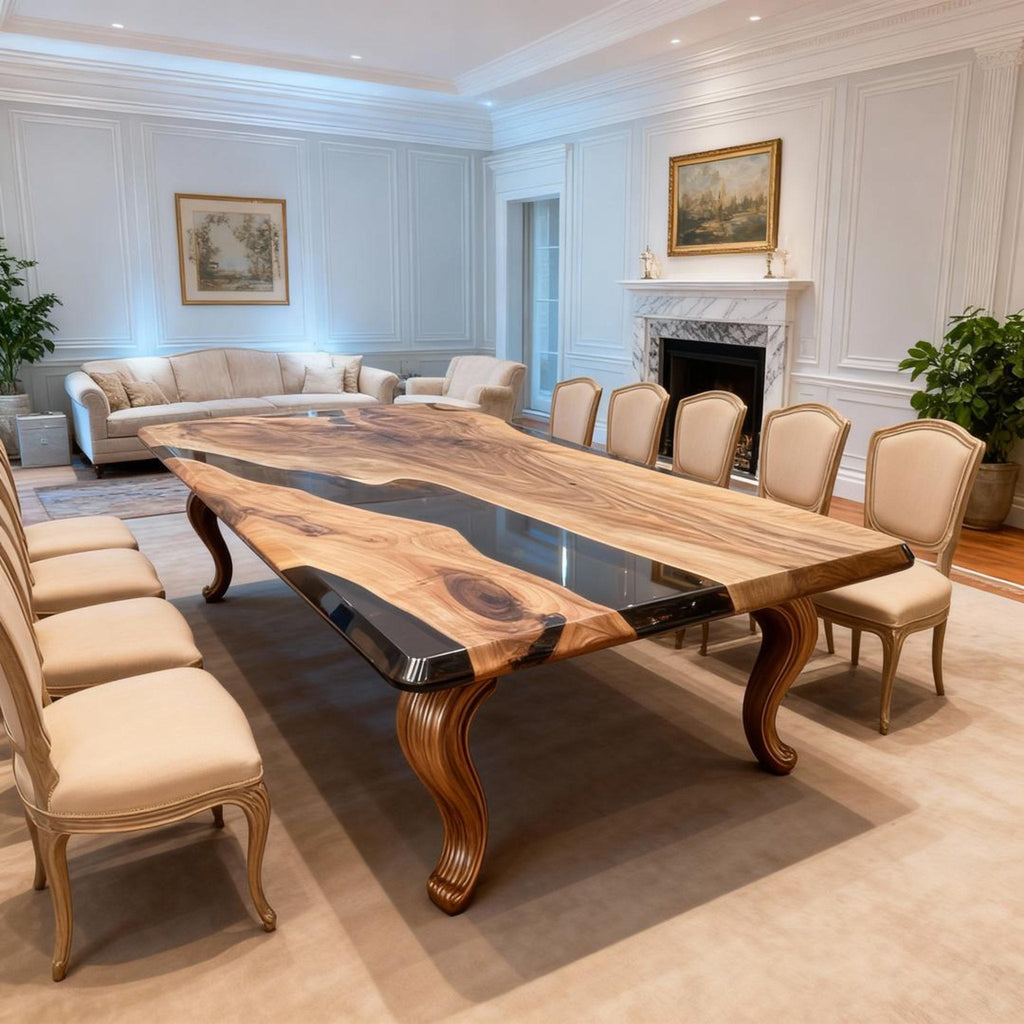 Custom Walnut Epoxy Resin River Table Onyx Black KLV-726