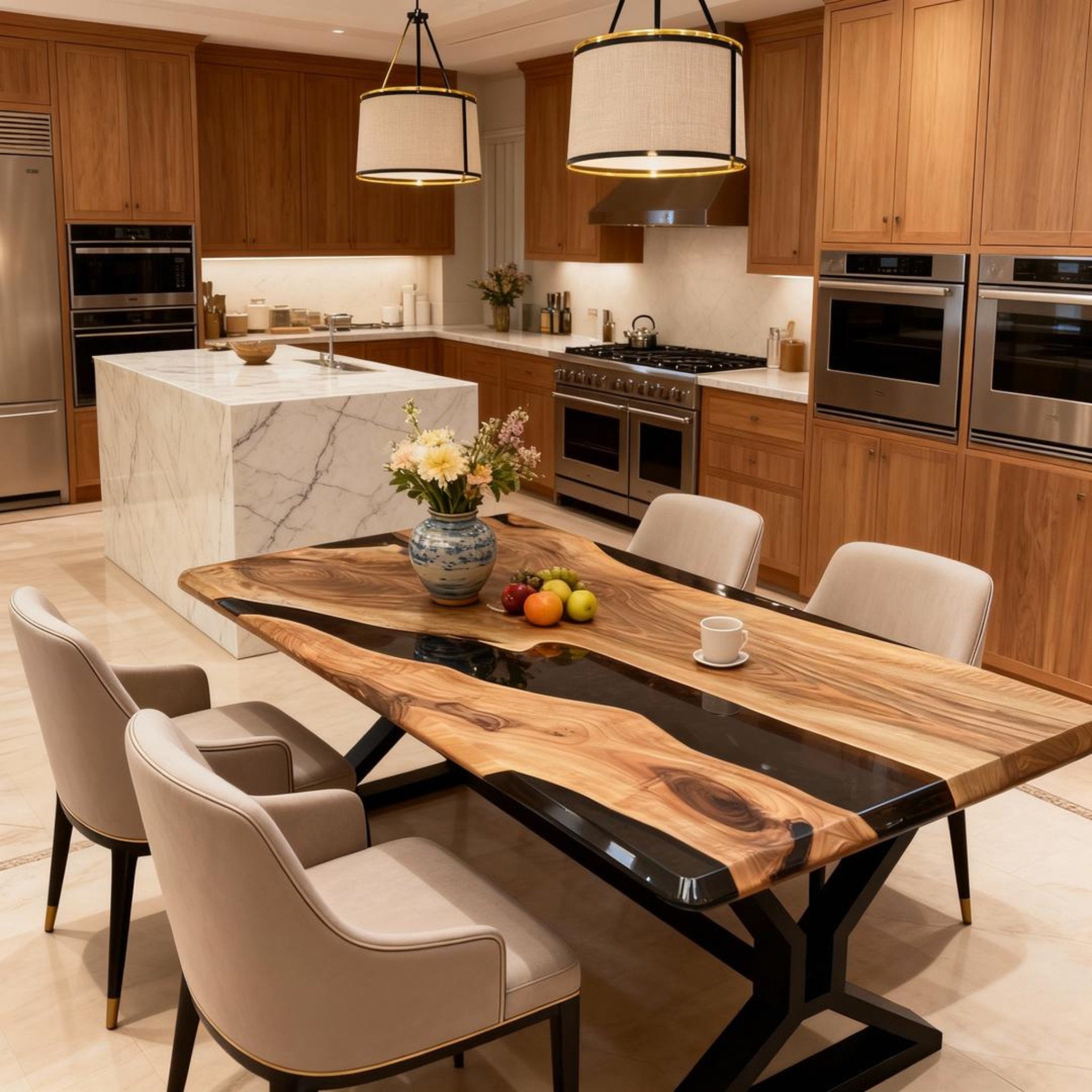 Custom Walnut Epoxy Resin River Table Onyx Black KLV-726