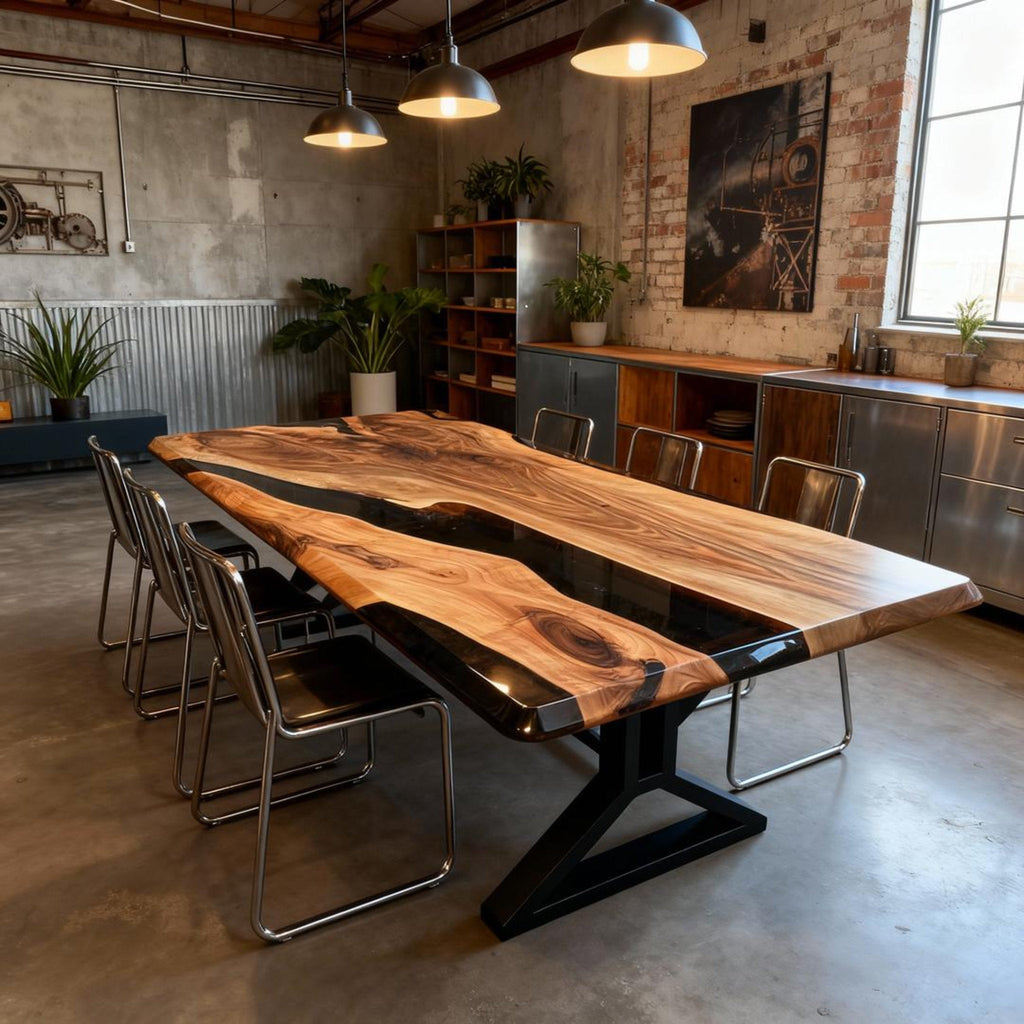 Custom Walnut Epoxy Resin River Table Onyx Black KLV-726