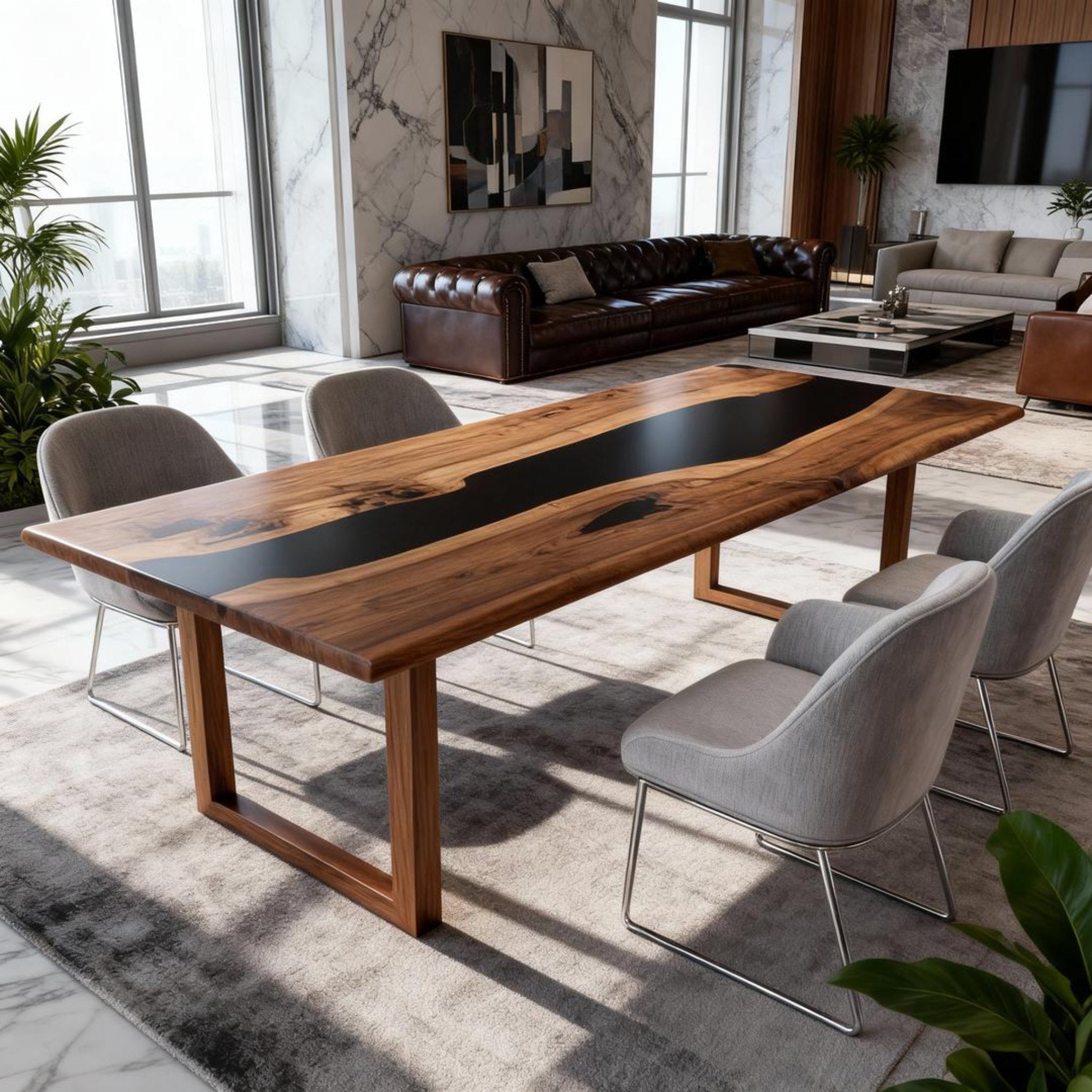 Table rivière sur mesure en résine époxy noyer, résine noire onyx JQP-673