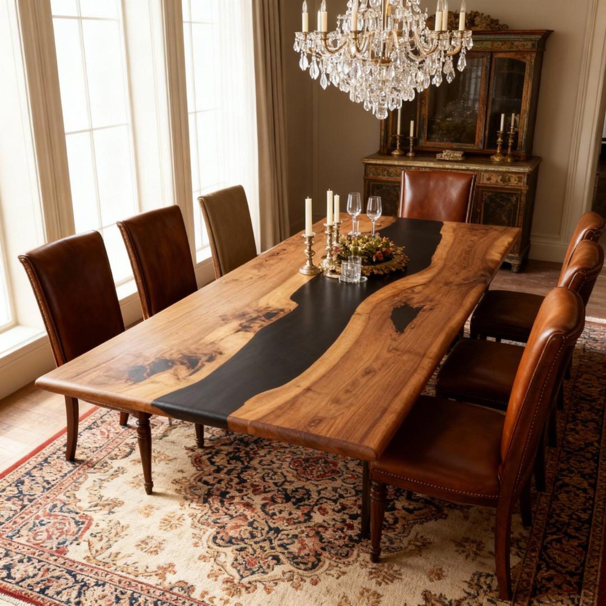 Table rivière sur mesure en résine époxy noyer, résine noire onyx JQP-673