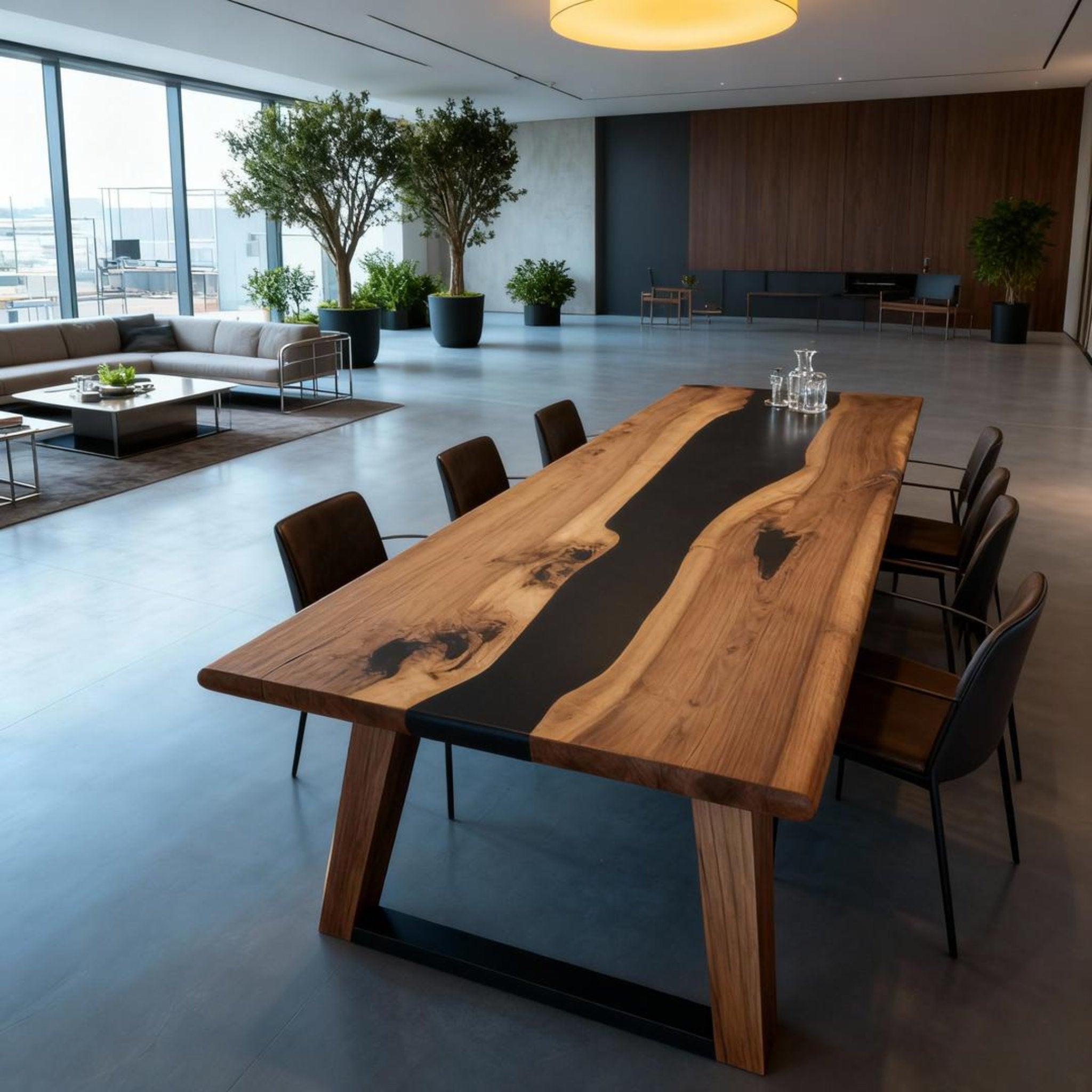 Table rivière sur mesure en résine époxy noyer, résine noire onyx JQP-673