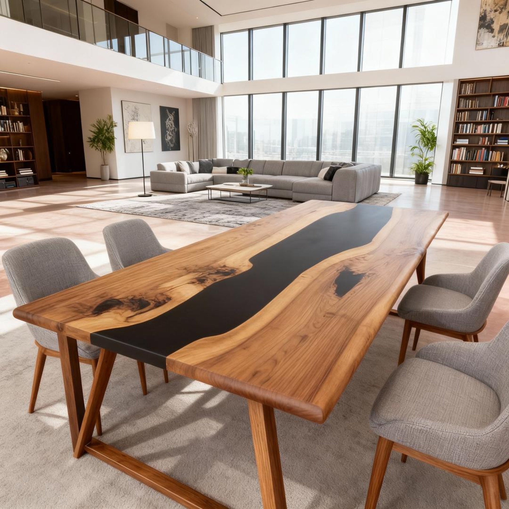 Table rivière sur mesure en résine époxy noyer, résine noire onyx JQP-673