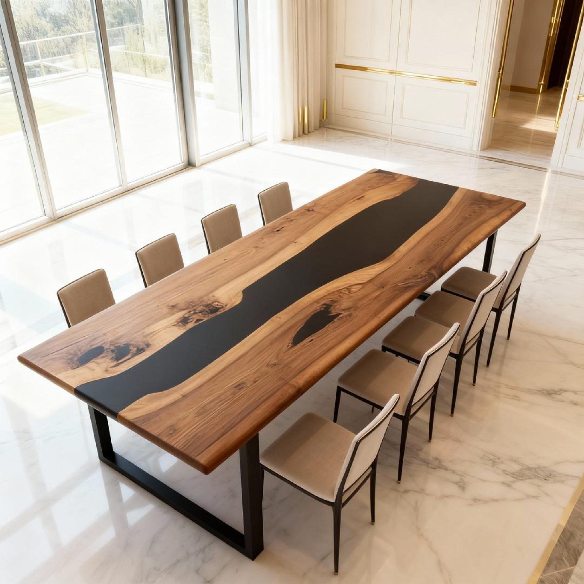 Table rivière sur mesure en résine époxy noyer, résine noire onyx JQP-673