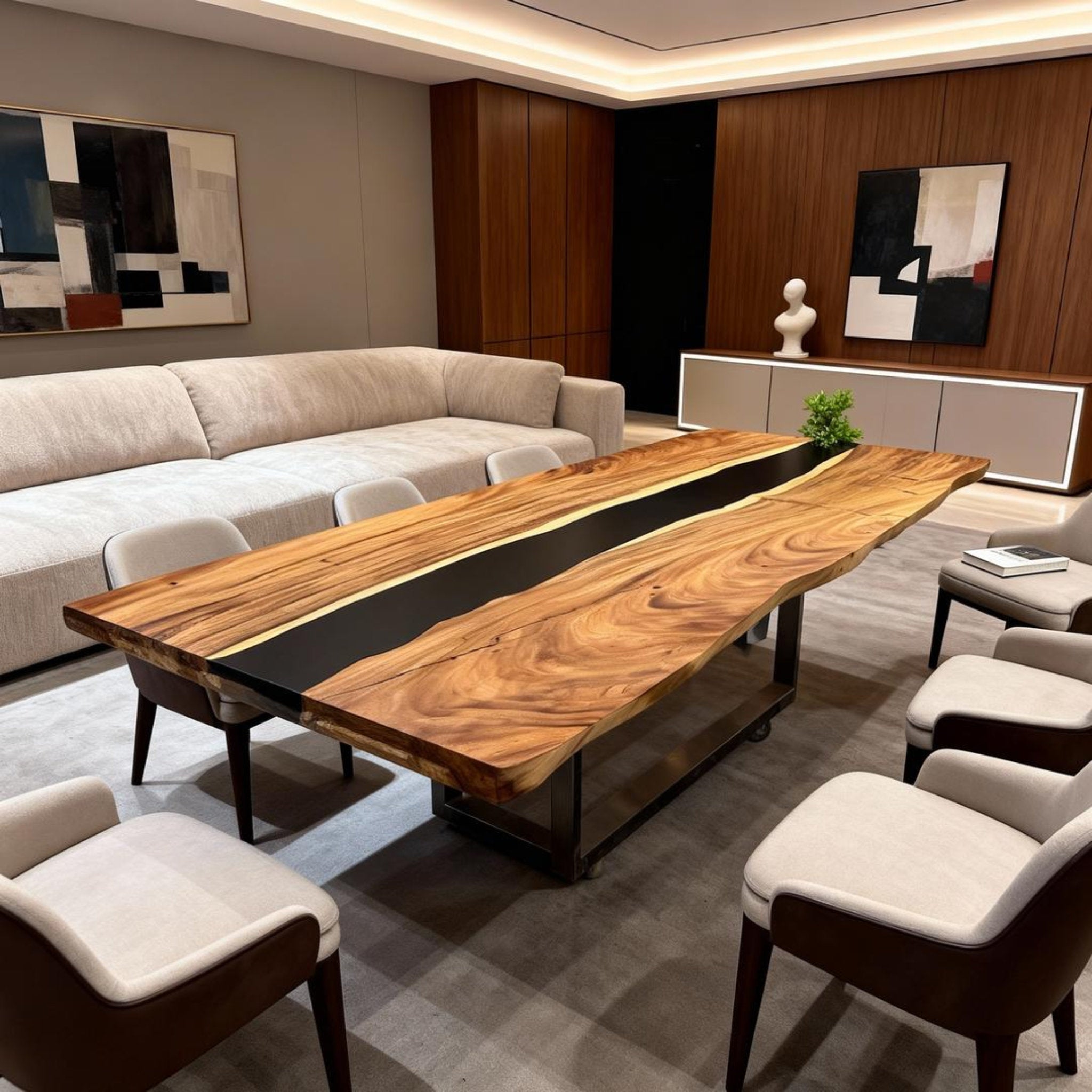 Table rivière personnalisée en résine époxy noyer, résine noire onyx JTZ-638