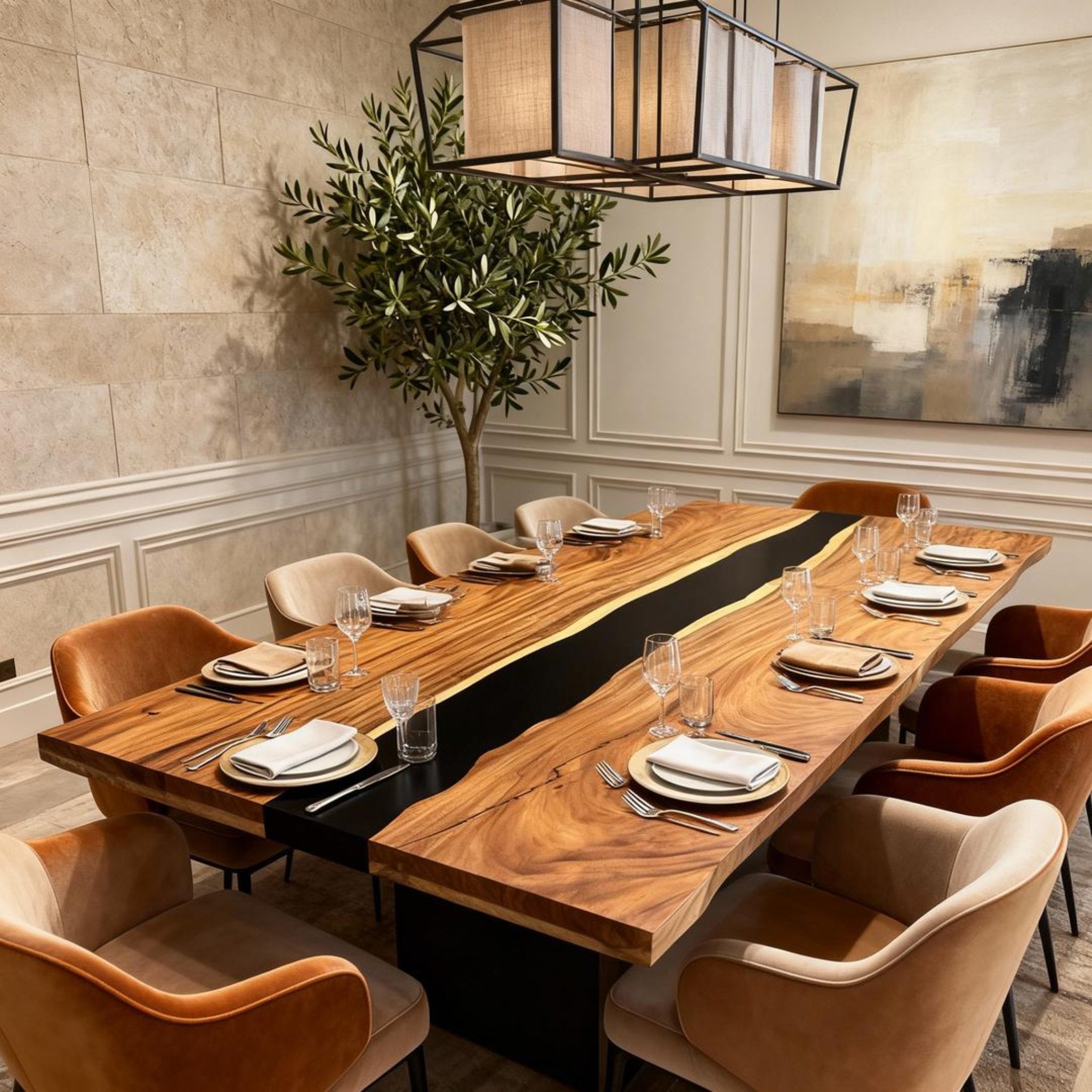 Table rivière personnalisée en résine époxy noyer, résine noire onyx JTZ-638