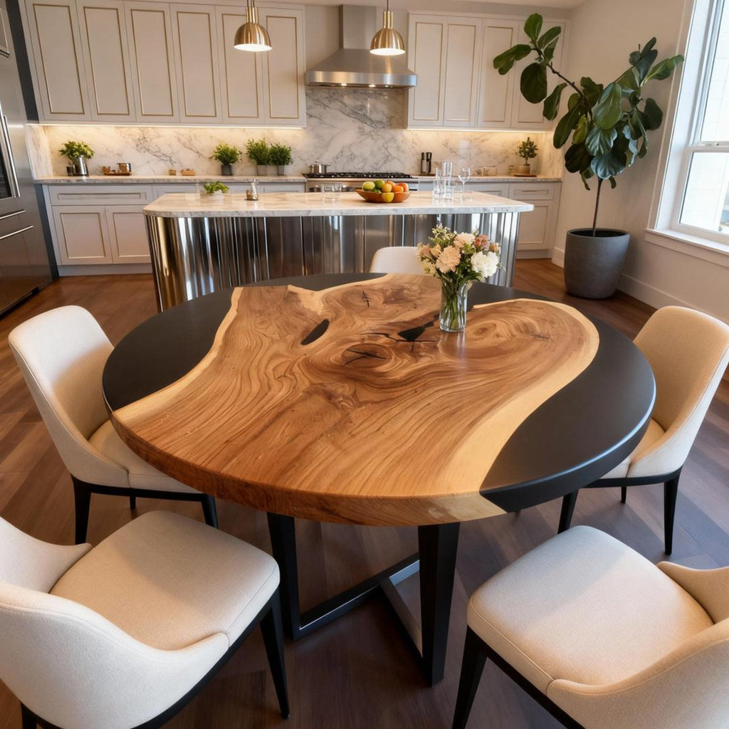 Custom Walnut Epoxy Resin River Table Onyx Black Resin KJD-582