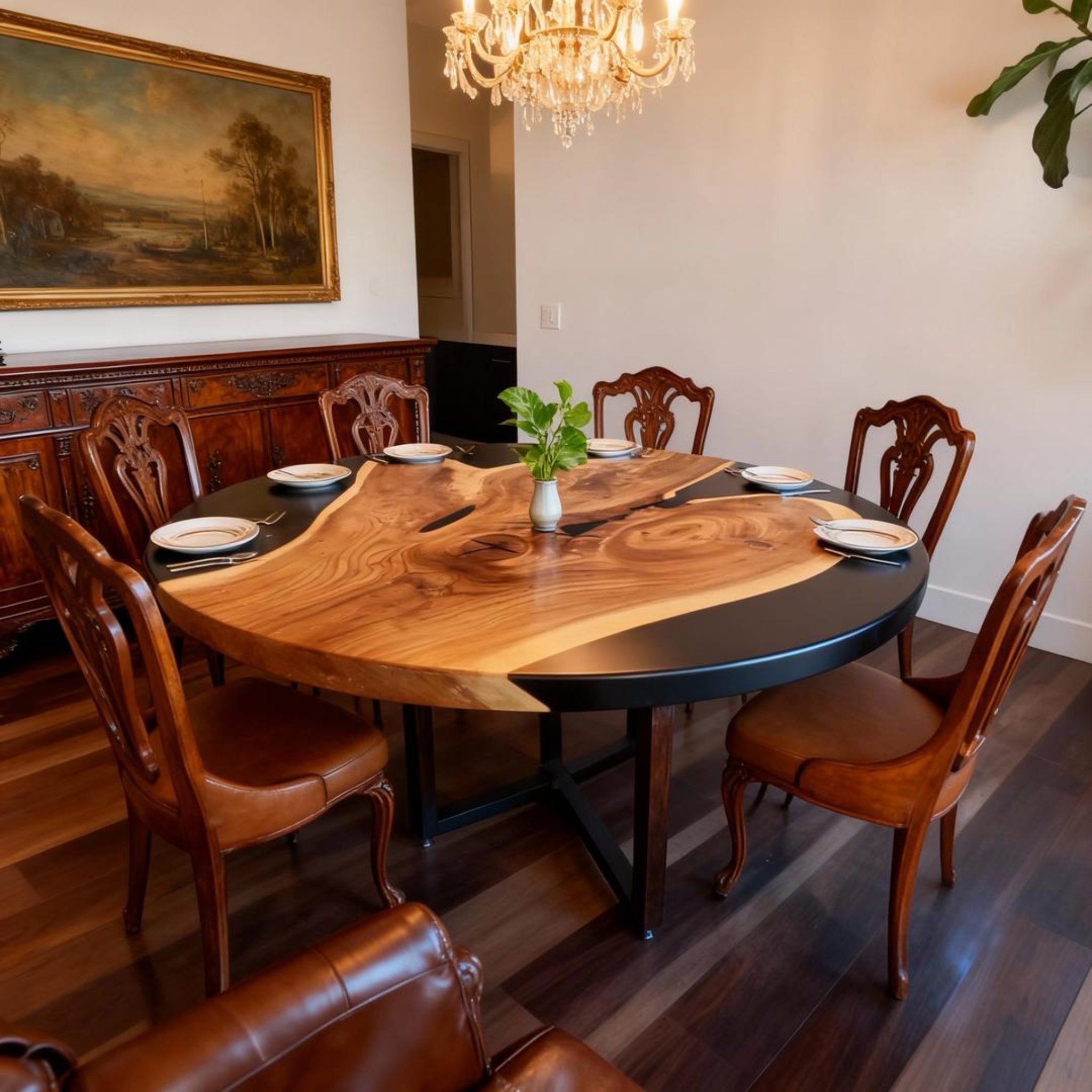 Custom Walnut Epoxy Resin River Table Onyx Black Resin KJD-582