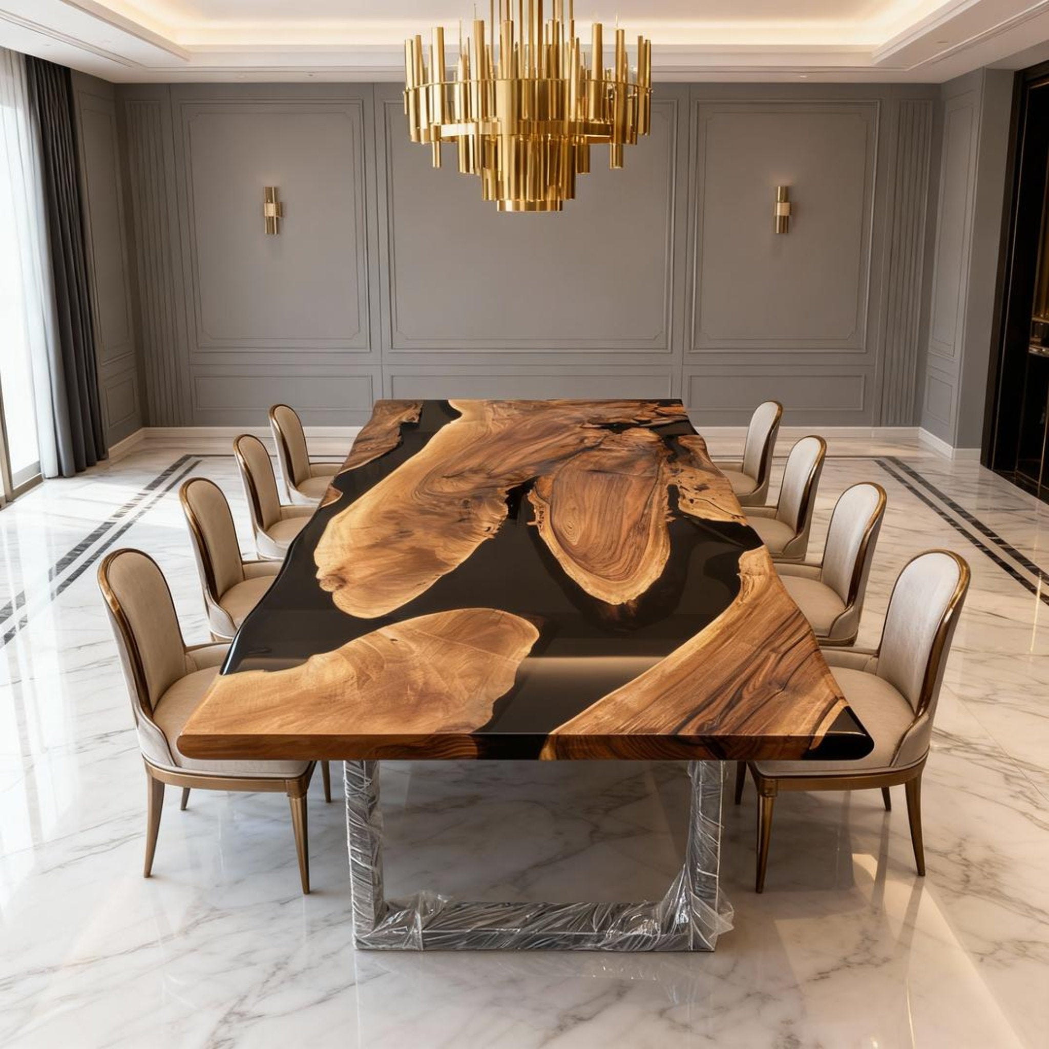 Table rivière sur mesure en résine époxy noyer, résine noire onyx LQM-582