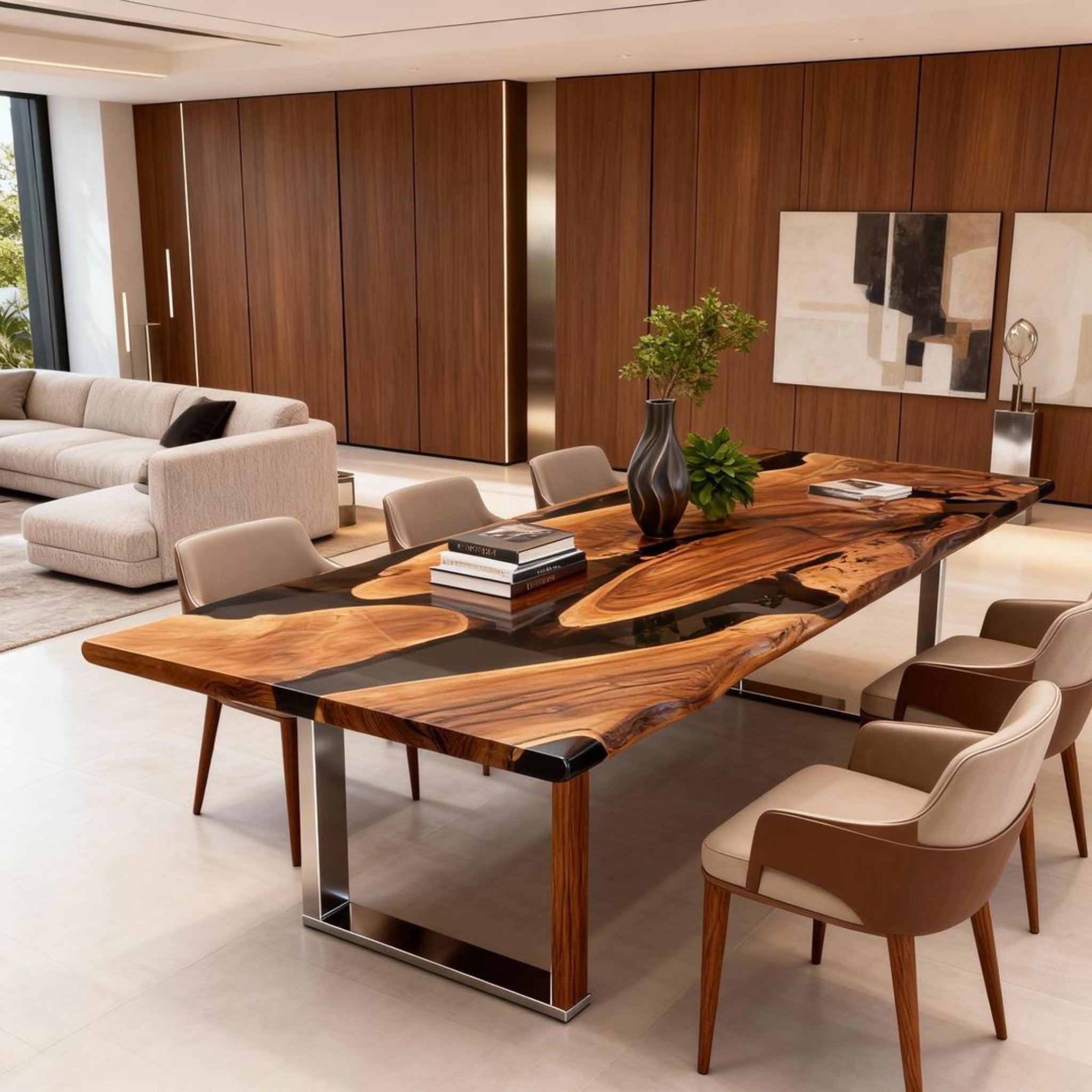 Table rivière sur mesure en résine époxy noyer, résine noire onyx LQM-582