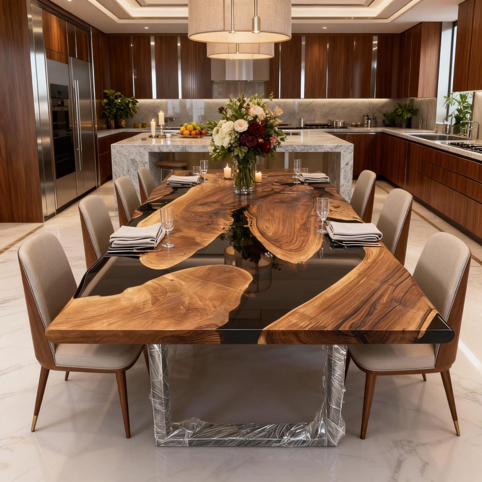 Table rivière sur mesure en résine époxy noyer, résine noire onyx LQM-582