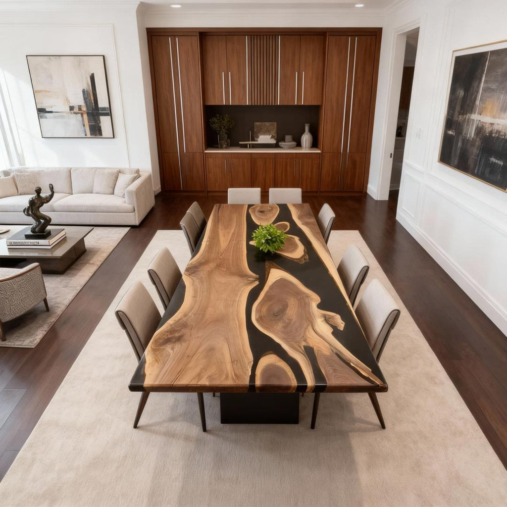 Custom Walnut Epoxy Resin River Table Onyx Black Resin VQJ-583