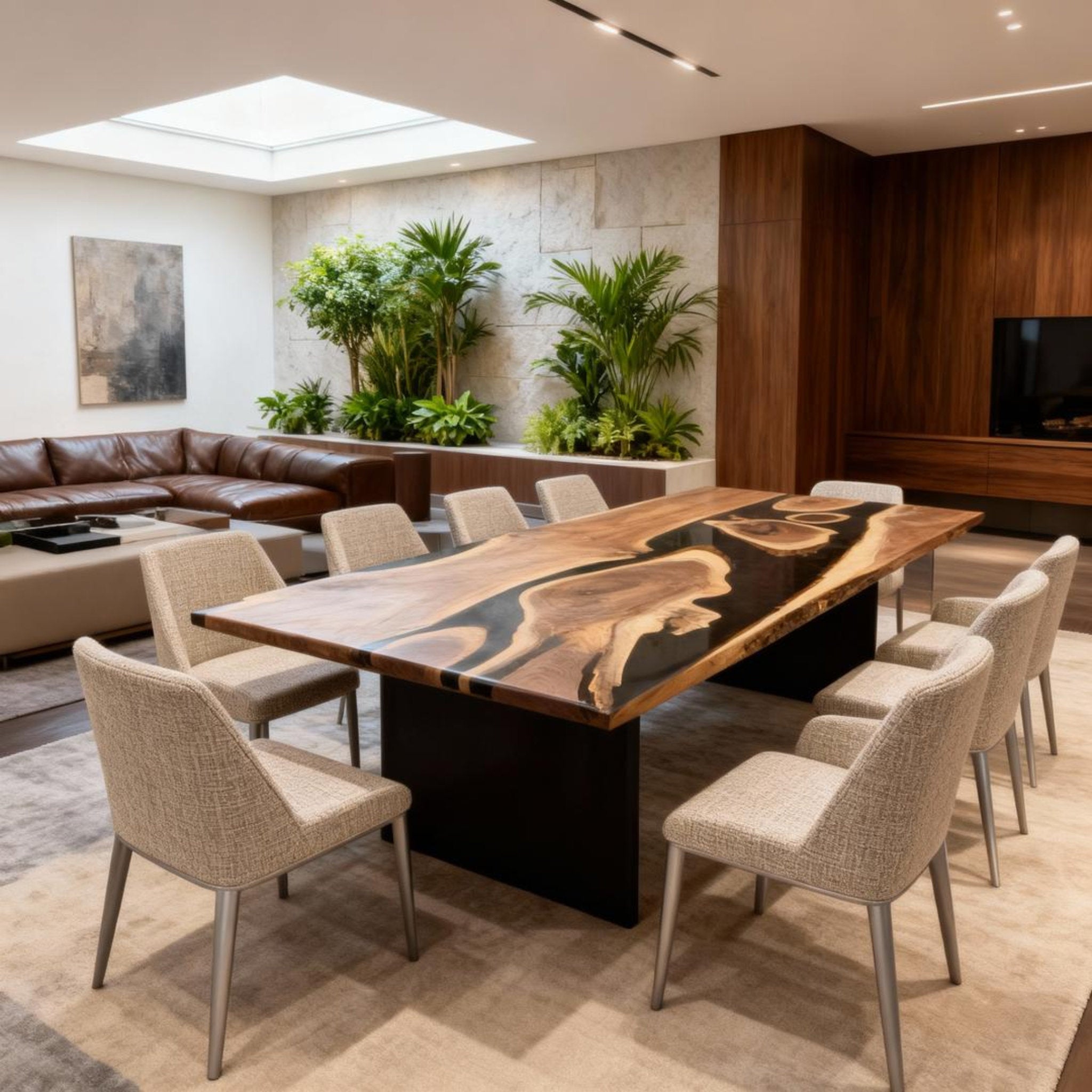 Table rivière personnalisée en résine époxy noyer, résine noire onyx VQJ-583