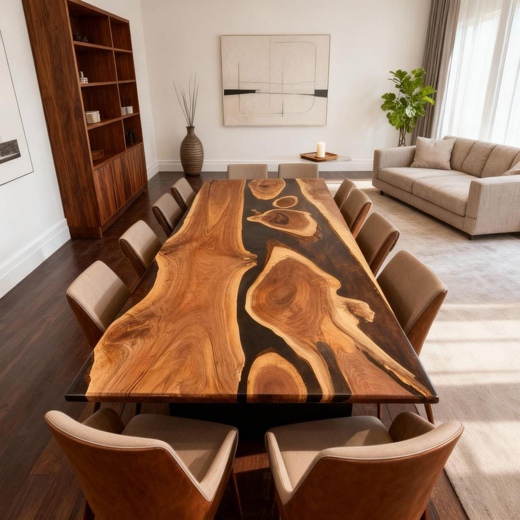 Custom Walnut Epoxy Resin River Table Onyx Black Resin VQJ-583